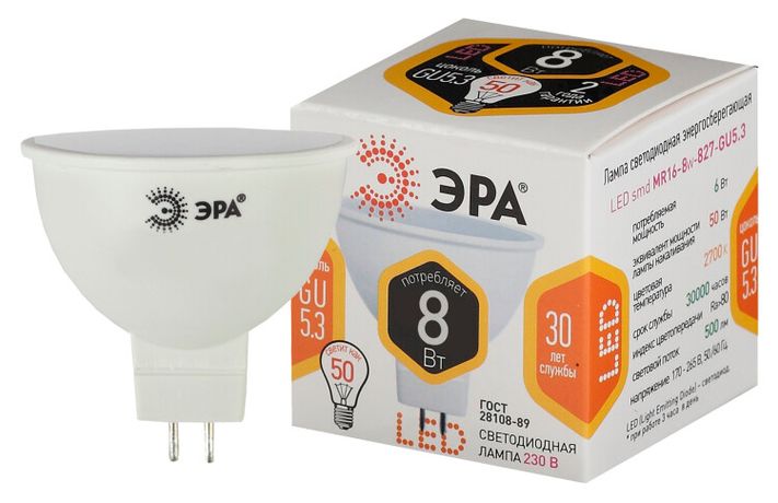Лампочка светодиодная STD LED MR16-8W-827-GU5.3 GU5.3 8 Вт софит теплый белый свет - Б0057002 ЭРА