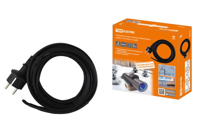 Нагревательный саморегулирующийся кабель "Стоплёд" НСК4-В с вилкой, в трубу (4м/40Вт) | SQ2510-0012 TDM