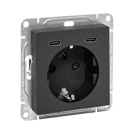 Механизм розетки с USB-C - 2шт, 16А, заземлением, со шторками, чёрный Эпика EKF | UP1-SOB-111-2USBC