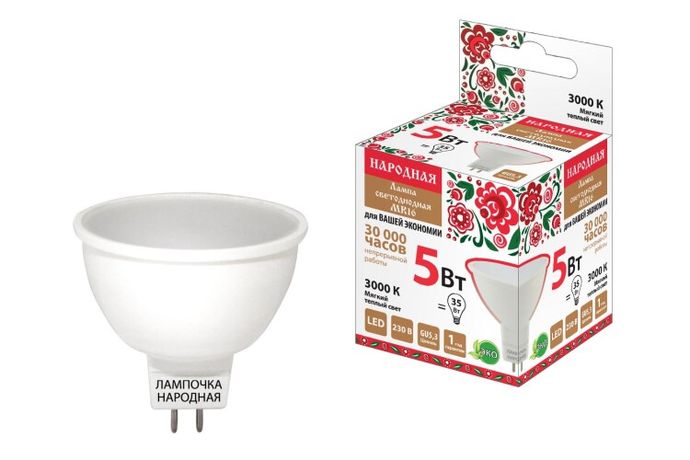 Лампа светодиодная LED 5Вт GU5.3 230В 3000К MR16 Народная отражатель (рефлектор) | SQ0340-0129 TDM