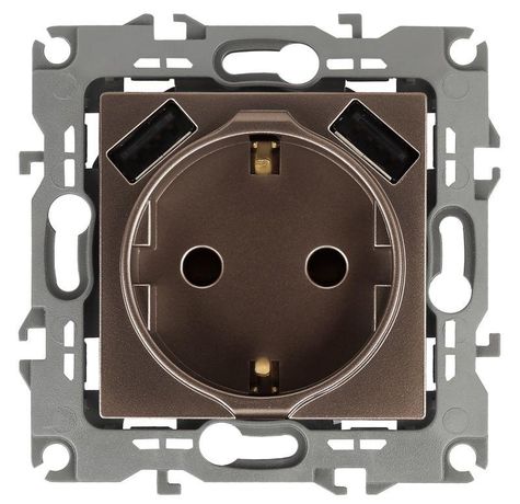 Розетка 2P+E 16A-250В, штор. с 2xUSB 5В-3А, Эра12, бронза (10/100/2000) 12-4109-13 - Б0047847