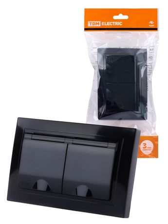 Розетка двойная 2П+З с защ. шт. и крышкой 16А 250В IP44 антрацит "Таймыр" | SQ1814-0876 TDM