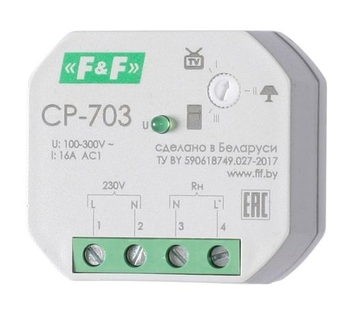 Реле напряжения CP-703 (однофазный; контроль верхнего и нижнего значений установка в монтажную коробку d60мм; 150-300В 16А 1NO IP20) F&F EA04.009.011 Евроавтоматика