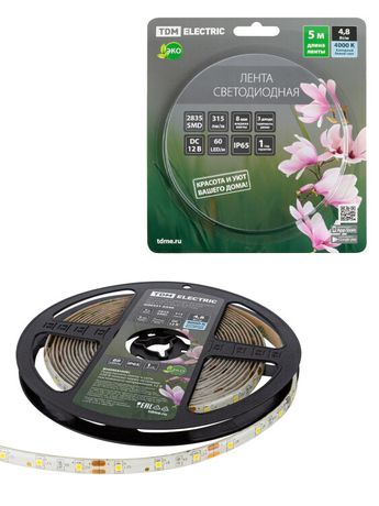 Лента светодиодная SMD2835-60 LED/м-IP65-12 В-4,8 Вт/м-4000 К (5 м) блистер | SQ0331-0349 TDM