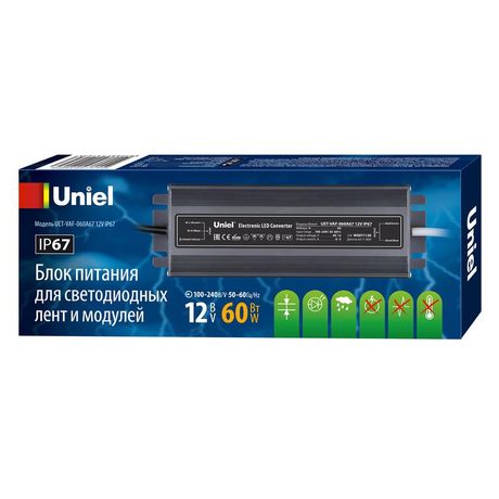 Блок питания UET-VAF-060A67 12V IP67 ультратонкий, 60Вт. Металлический корпус. TM Uniel - UL-00007575