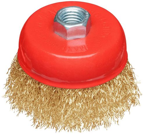 Корщетка-чашка гайка М14 стальная латунированная волнистая проволока 75мм блистер КУРС 39092