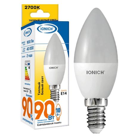 Лампа светодиодная C37 10Вт "Свеча" 2700К Е14 230В тепл. бел. IONICH 1798