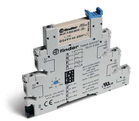 Интерфейсные модули с таймером, Винтовые клеммы, Мультифункциональные: AI,DI,GI,SW, 1 выход 2A 240VAC, Твердотельные реле, 24VAC/DC - 382100248240 FINDER 38.21.0.024.8240