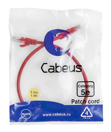 Патч-корд PC-UTP-RJ45-Cat.5e-0.5m-RD-LSZH U/UTP, категория 5е, 2xRJ45/8p8c, неэкранированный, красный, LSZH, 0.5м - 9512c Cabeus