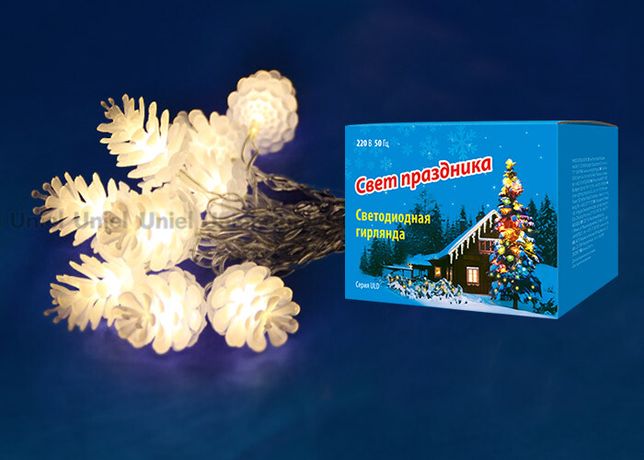 Гирлянда светодиодная «Шишки» ULD-S0280-020/DTA WARM WHITE IP20 PINE CONES 20 диодов, 2,8 м, теплый белый, IP20, шнур прозр.. | 09582 Uniel