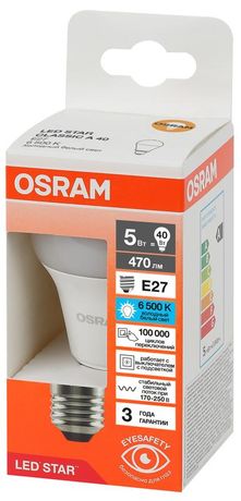 Лампа светодиодная LED Star 5Вт 6500К холод. бел. E27 470лм A угол пучка 180град. 170-250В (замена 40Вт) матов. пластик OSRAM 4058075695627