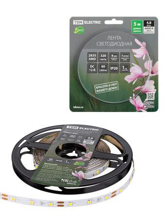 Лента светодиодная SMD2835-60 LED/м-IP20-12 В-4,8 Вт/м-6000 К (5 м) блистер | SQ0331-0365 TDM