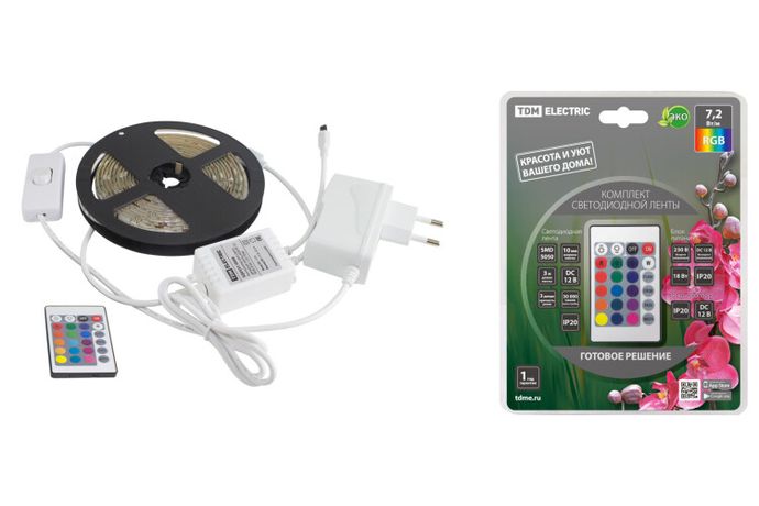 Комплект светодиодной ленты SMD5050-30 LED/м-12 В-7,2 Вт/м-IP20-RGB (3 м), 18 Вт, IR-контроллер | SQ0331-0227 TDM