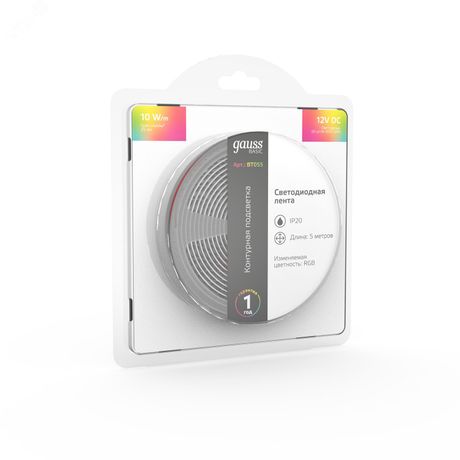 Лента светодиодная LED 10 Вт/м 700 Лм/м 5050-SMD 60 шт/м 12 В DC RGB IP20 блистер (5 м ) Basic Gauss - BT055