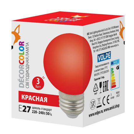Лампа декоративная светодиодная LED-G60-3W/RED/E27/FR/С Форма шар матовая Цвет красный Картон ТМ Volpe - UL-00006959 Uniel
