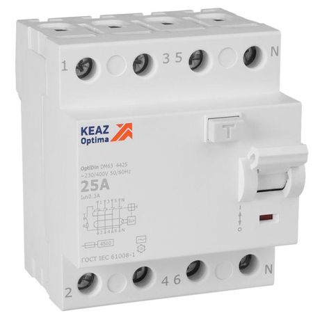 Выключатель дифференциального тока (УЗО) без защиты от сверхтоков 4П 25А 300мА AС 4,5кА OptiDin DM63-4425-AC-4,5-УХЛ4 - 343903 КЭАЗ