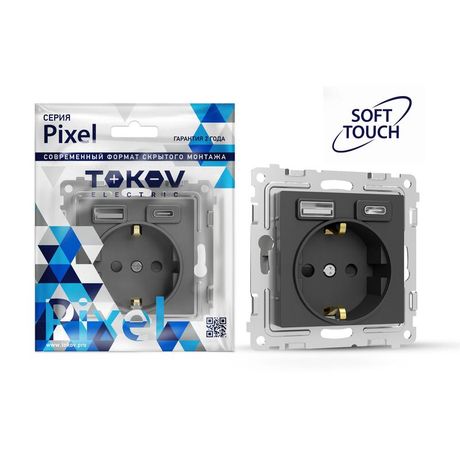 Розетка 1-м СП Pixel IP20 с заземл. 2-мя заряд. устр. USB тип A+C механизм карбон TOKOV ELECTRIC TKE-PX-R1U2AC-C14