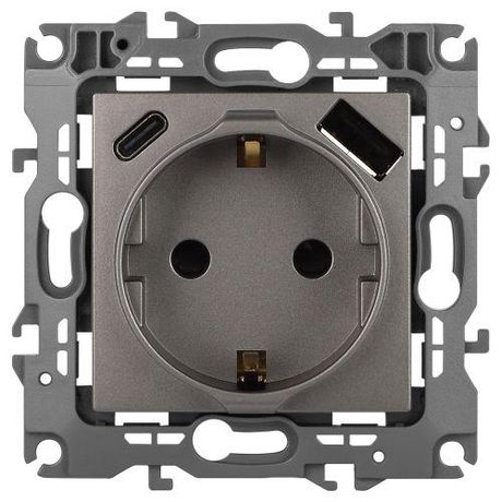 Розетка Серия 12 12-4108-16 2P+E 16A-250В со шторками с USB type-A+C 5В-3А титан | Б0067762 ЭРА