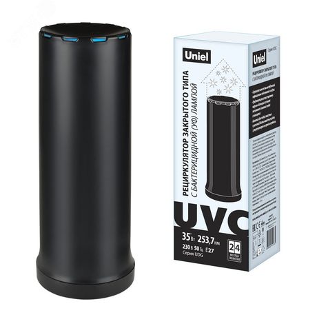 Рециркулятор настольный UDG-T30A UVCB BLACK закрыт. типа с бактерицидн. лампой E27 без озонирования 253.7нм черн. Uniel UL-00007696