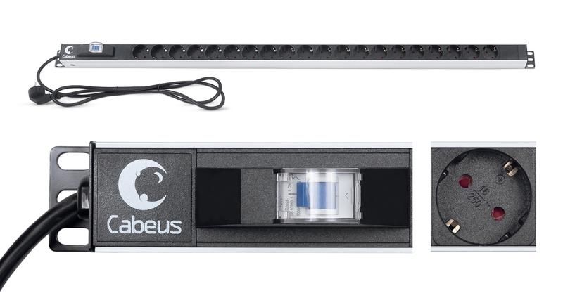 Блок розеток для 19дюйм шкафов PDU-16-20S-B вертик. 20 Schuko 16А автомат защиты алюм. корпус шнур с вилкой 2м Cabeus 9551c