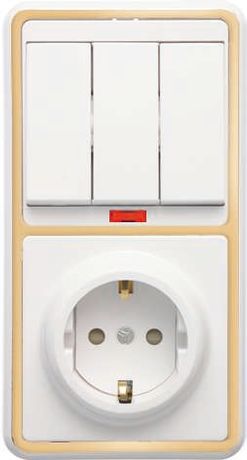 БЭЛЛА Блок БКВР-209 Выключатель трехклавишный с подсветкой + розетка заземлением со шторками золото - 5850 Кунцево