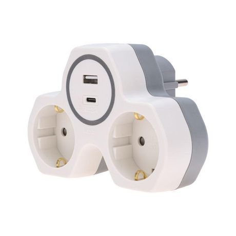 Двойник электрический (разветвитель) 16 А с заземлением + USB-A USB-C защитными шторками, белый - 11-1253 MEET