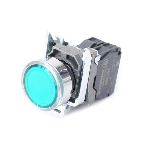 Кнопка модульная SB4 с подсветкой в сборе 22мм металл 230-240ВAC 1НО зел. SE SB4BW33M1 APC