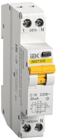Выключатель автоматический дифференциальный АВДТ32М 1п+N 16А C 30мА тип AC (1 мод) | MAD32-5-016-C-30 IEK
