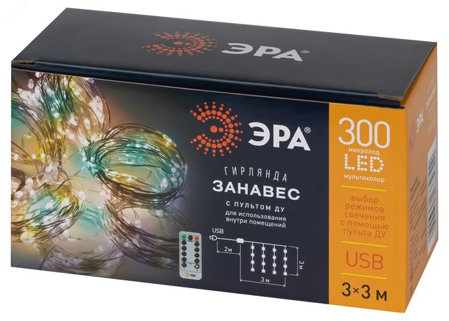 Гирлянда светодиодная "Занавес" 3х3м 300LED тепл. бел. IP20 220В с пультом USB Эра Б0056000