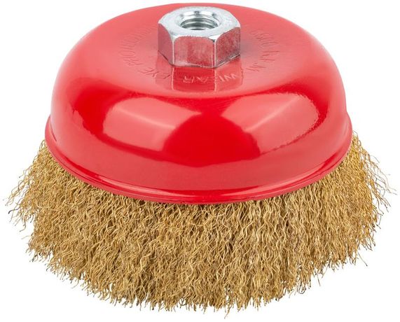 Корщетка чашечная гайка М14 стальная латунированная волнистая проволока 125мм КУРС 39039