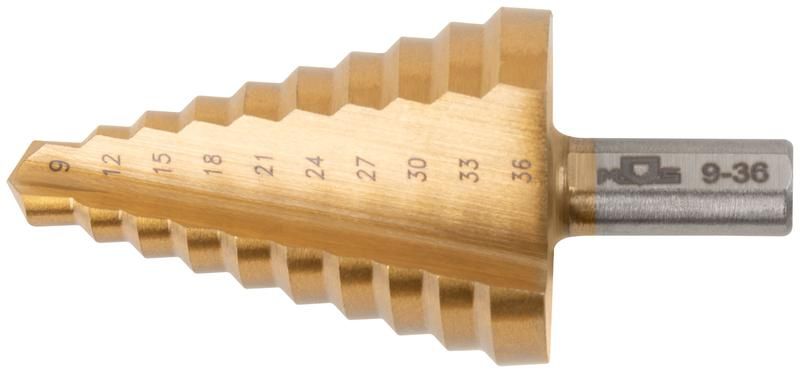 Сверло ступенчатое HSS по металлу 10 ступеней 9-12-15-18-21-24-27-30-33-36мм MOS 36385М