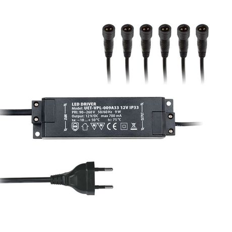 Драйвер UET-VPL-009А33 12V IP33 6 выходов для светодиодов с вилкой влагозащищенным кабелем и коннекторами 9W - 08939 Uniel