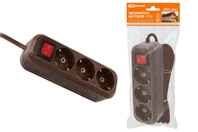 Удлинитель бытовой У03В выключатель, 3 гнезда, 3метра,2П+3, ПВС 3х1мм2 "Эко" (бук) 16А/250В | SQ1303-3101 TDM
