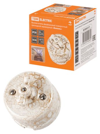 Выключатель фарфоровый поворотный проходной с ручкой (бантик) 10А мраморный «Болонь» | SQ1820-0111 TDM