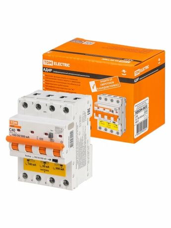 Выключатель автоматический диффренциального тока АД4P 4Р С40 30-100-300мА 6кА тип АС | SQ0204-0633 TDM