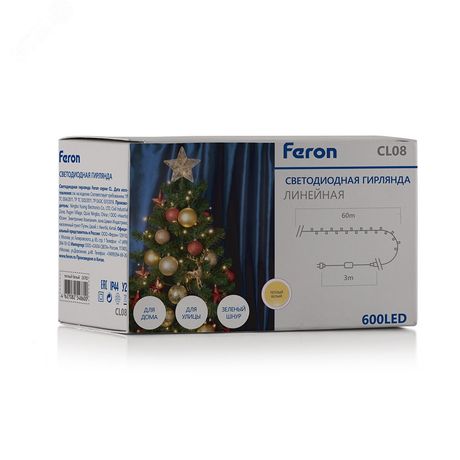 Гирлянда линейная 600LED 3300K 89м+5м зеленый шнур - 26783 FERON CL08