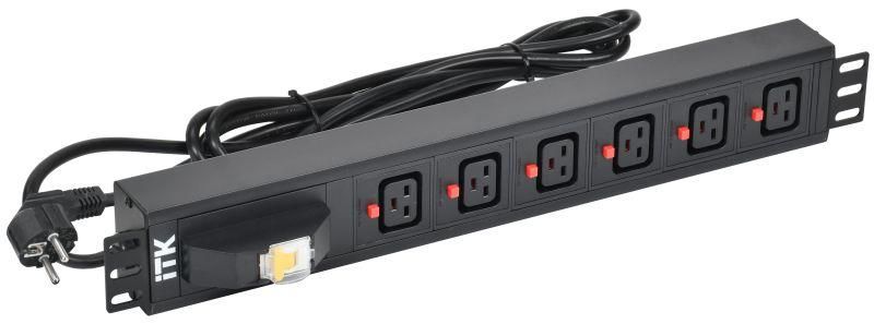 Блок розеток 6 мест PDU C19 с фиксатором вилки автоматом на 16А 1.5U кабель 3м вилка нем. станд. алюм. профиль черн. ITK PH21-06C19-11 IEK