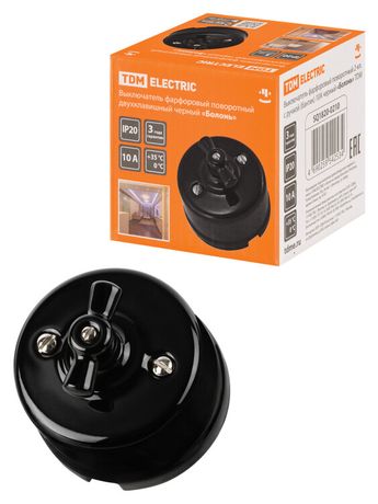 Выключатель фарфоровый поворотный 2-кл. с ручкой (бантик) 10А черный «Болонь» | SQ1820-0210 TDM