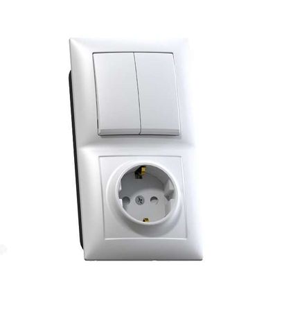 СЕЛЕНА Блок выключатель двухклавишный 10А/ розетка с заземлением со шторками 16А БКВР-415 скрытый белый - 8205 Кунцево