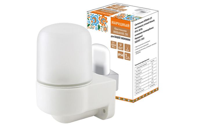 Светильник пылевлагозащищенный под лампу "банник" НПБ400-2П настенный, угловой белый, IP54, 60 Вт, осн--поликарбонат, Народный | SQ0303-1503 TDM