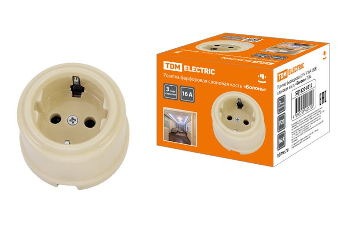 Розетка фарфоровая 2П+З 16А 250В сл. кость «Болонь» | SQ1820-0312 TDM