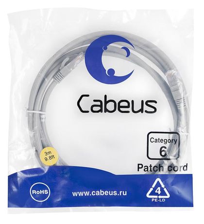 Патч-корд PC-UTP-RJ45-Cat.6-3m U/UTP, категория 6, 2xRJ45/8p8c, неэкранированный, серый, PVC, 3м - 7269c Cabeus