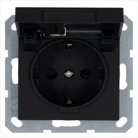 Розетка 1-м Shuko 16А IP20 с заземл. защ. шторки крышкой механизм черн. матов. soft touch Jasmart G5505PB