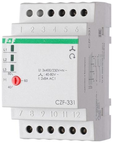 Реле контроля и наличия фаз CZF-331 (монтаж на DIN-рейке 35мм; регулировка порога отключения; 3х400/230+N 2х8А 2P IP20) F&F EA04.001.008 Евроавтоматика