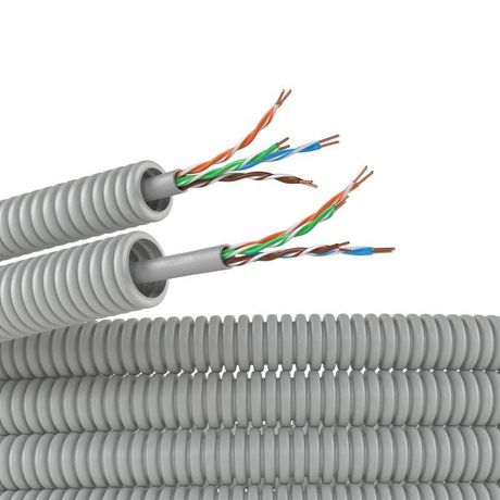 Электротруба ПВХ гибкая гофрированная д. 16 мм, цвет серый, с кабелем витая пара 5EU/UTP нг(А)-HF, 50 м | 9EU91650 DKC ДКС