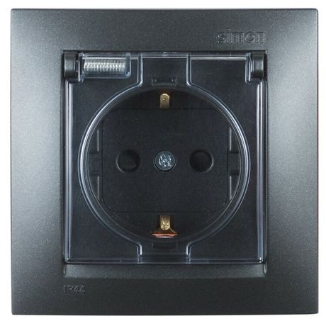 Розетка СП 15 16А IP44 250В 2P+E Schuko с заземл. защ. шторки крышкой механизм графит Simon 1590450-038