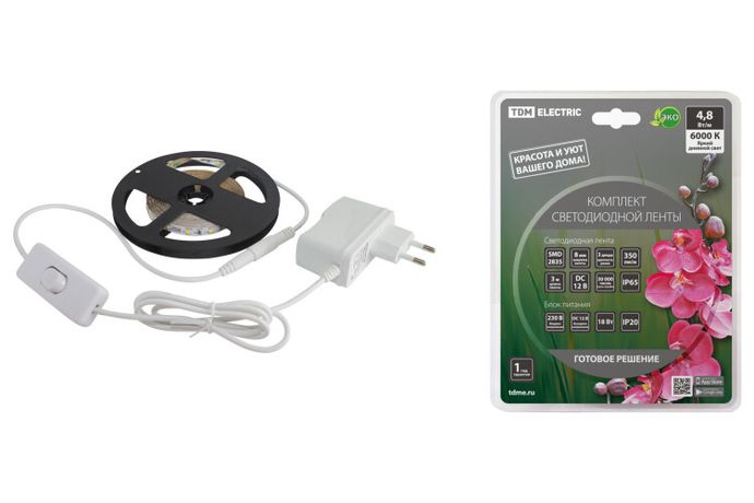 Комплект светодиодной ленты SMD2835-60 LED/м-12 В-4,8 Вт/м-IP65-6000 К (3 м), 18 Вт | SQ0331-0233 TDM