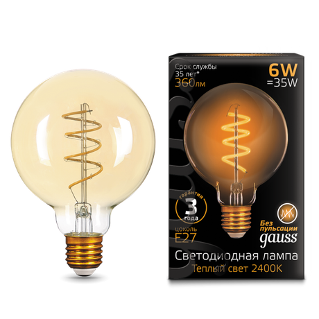 Лампа светодиодная филаментная LED 6 Вт 360 лм 2400К AC185-265В E27 шар G95 теплая золотистая колба Black Filament Gauss - 105802007