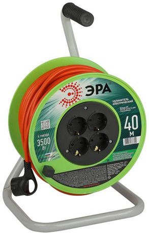 Удлинитель силовой RP-4e-3x1.5-40m на пластиковой катушке c заземлением 4 розетки 40м ПВС 3х1,5мм2 | Б0056103 ЭРА