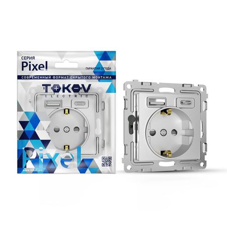 Розетка 1-м СП Pixel IP20 с заземл. 2-мя заряд. устр. USB тип A+C механизм алюм. TOKOV ELECTRIC TKE-PX-R1U2AC-C03